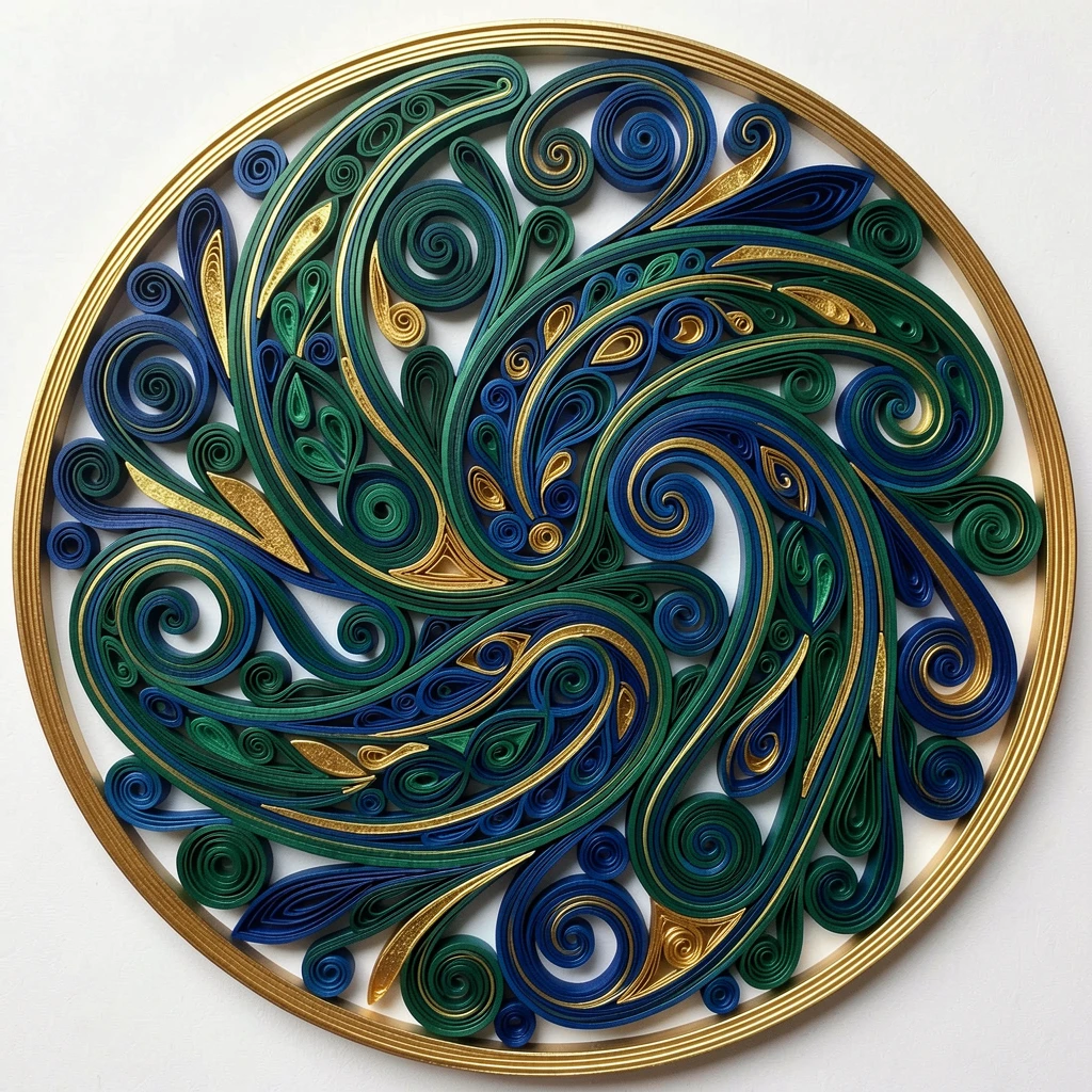 a swirling paisley pattern arranged in a perfect circle, framed by a thin gold border, structured with clean geometric precision, in a palette of jewel-toned emerald and sapphire.