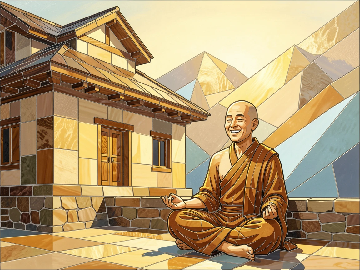 A candid, joyful moment of a monk meditating peacefully beside a tranquil mountain temple, captured with warm golden light.
