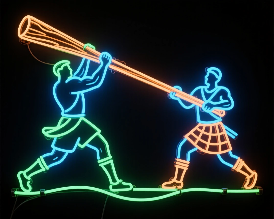 A Scottish highland games event with athletes tossing a caber.