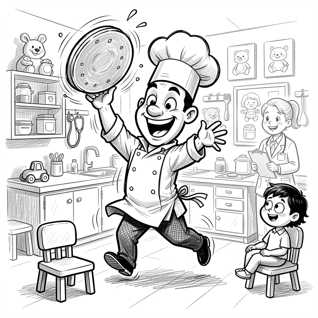 A chef flipping a pancake mid-air in a busy kitchen in a cozy pediatrician's office.