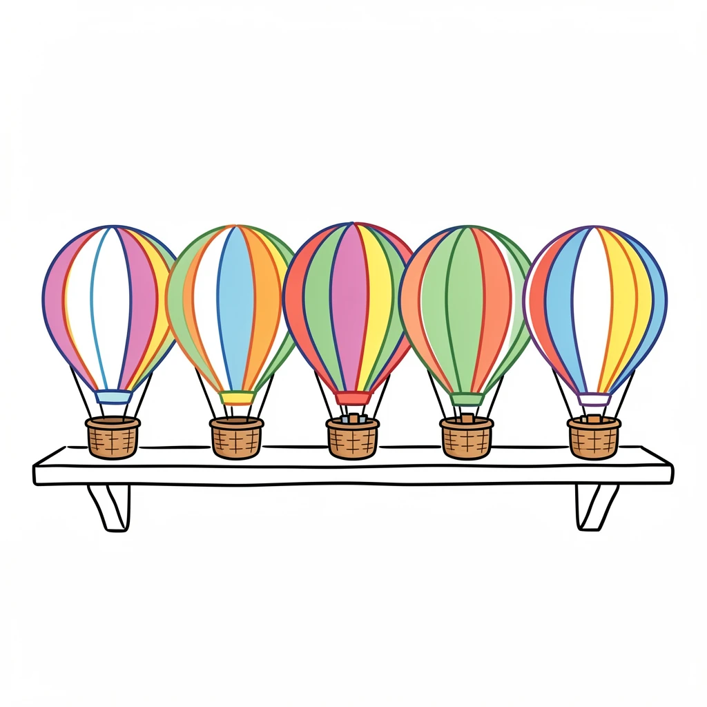 A row of colorful hot air balloon models displayed on a shelf.
