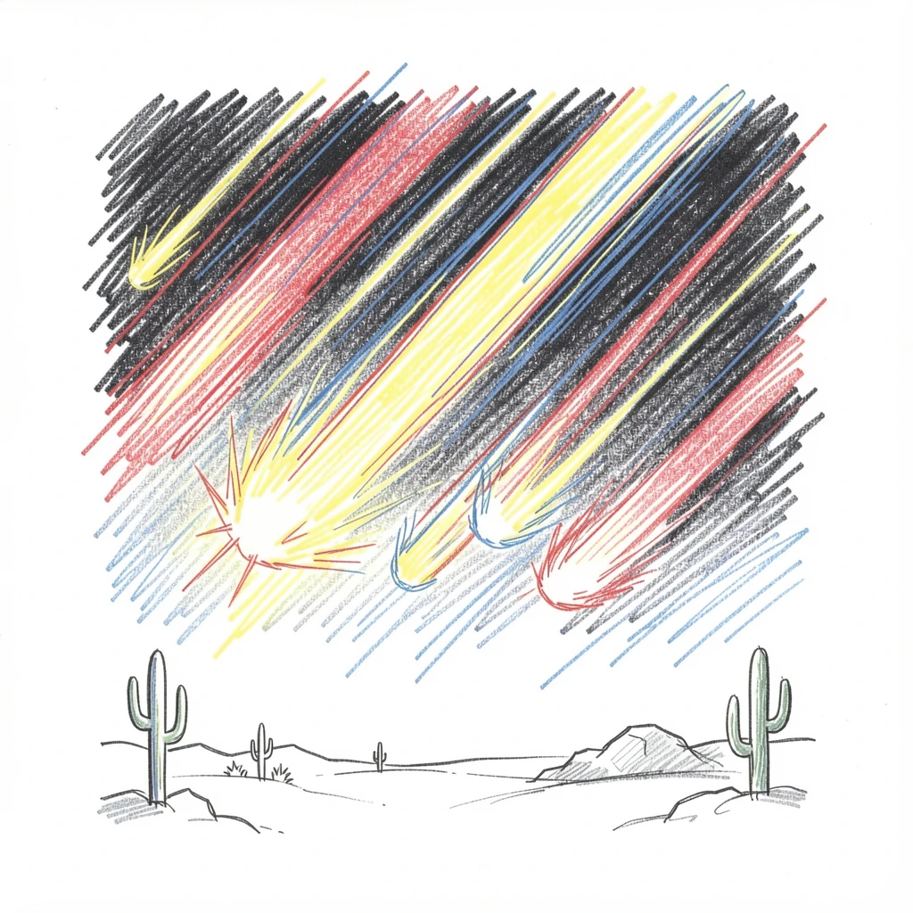 A meteor shower streaking brilliantly across a dark desert sky