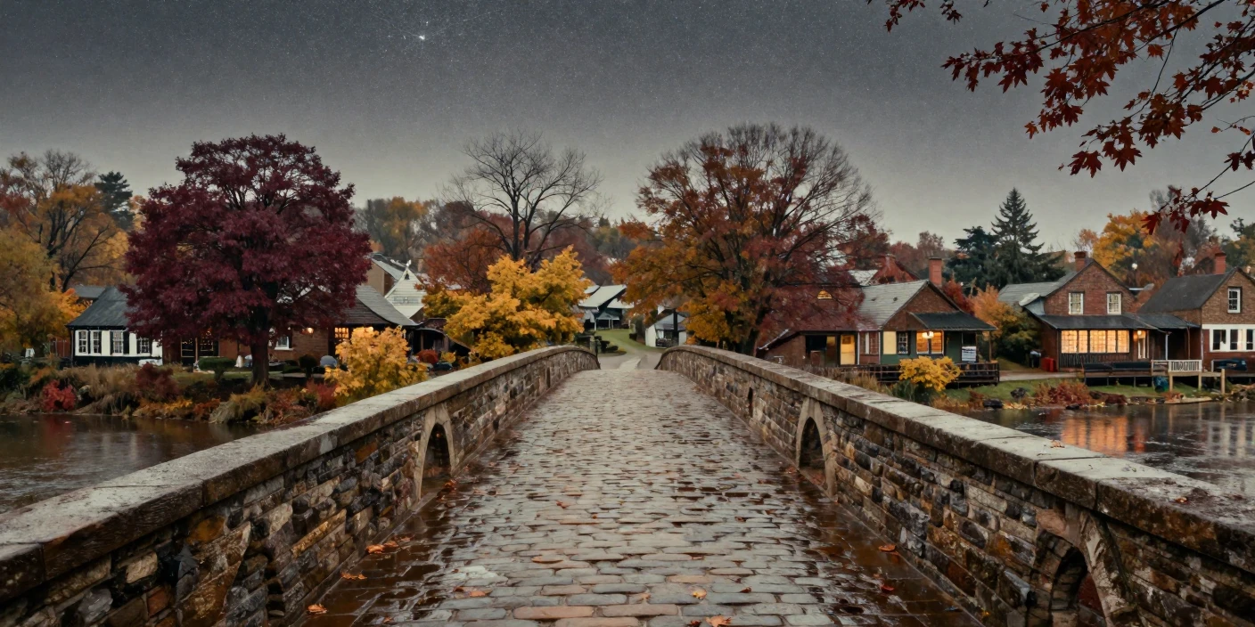An old stone bridge leading into a sleepy riverside village, under a canopy of stars, just after a rain shower, with puddles reflecting the sky, in late autumn, with rich burgundy and gold accents, framed symmetrically down a long corridor.