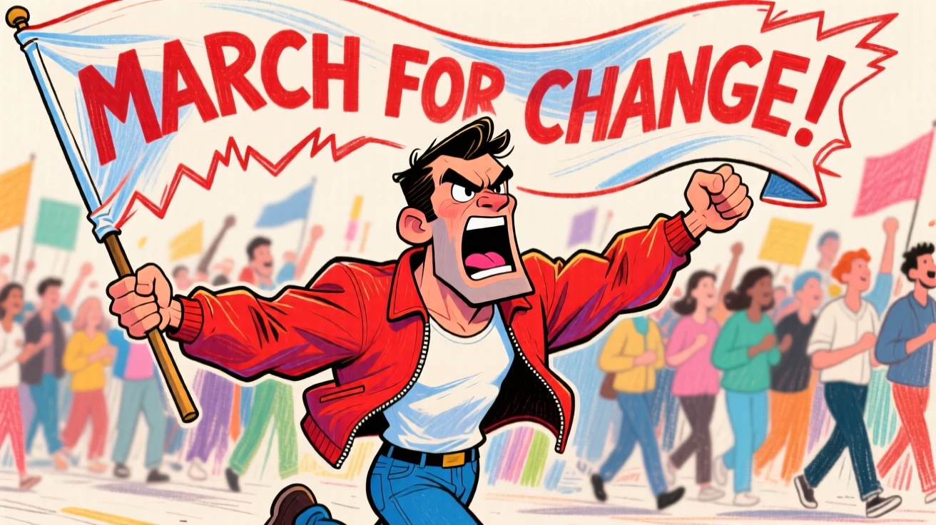 A determined activist marching proudly with a banner held high above the crowd.