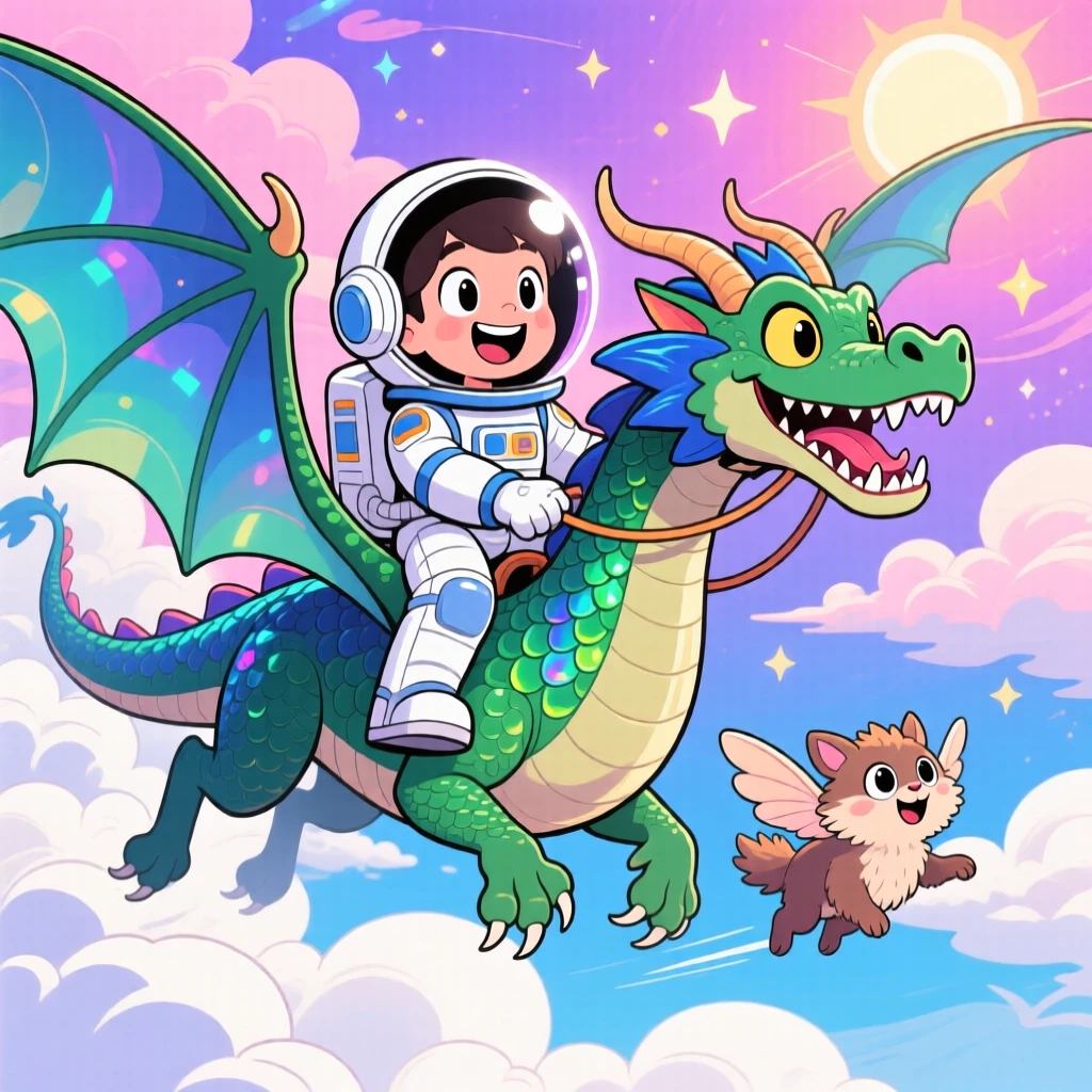 An imaginative fantasy scene of a young astronaut soaring above the clouds on the back of a magnificent dragon, with a loyal companion creature close behind.