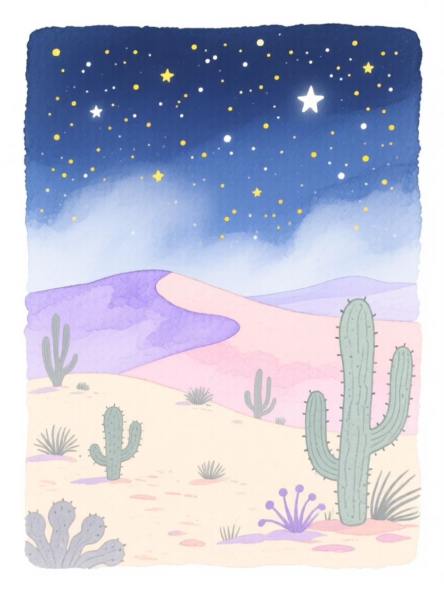 A serene landscape of a starry night sky over a quiet desert landscape wrapped in gentle mist