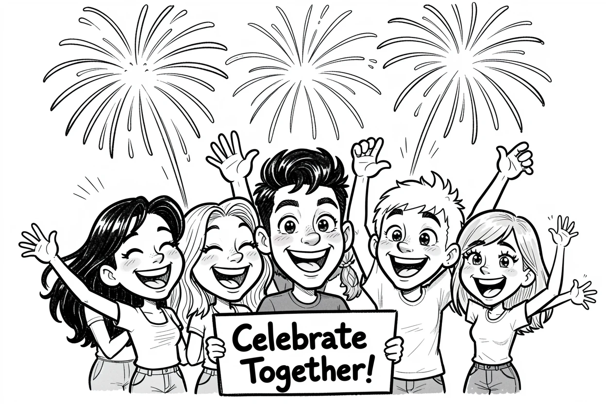 [Seasonal Holidays & Celebrations] Festive scene of a festive group of friends setting off a spectacular fireworks display, full of celebration and joy
