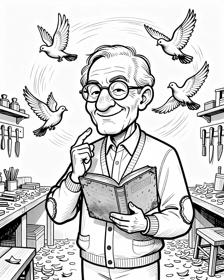 An old librarian recommending a favorite dusty novel, tapping the cover meaningfully with a knowing look, set in a small workshop scattered with wood shavings. Pigeons flutter in a happy, chaotic circle. It feels like a living memory, cherished and ongoing.