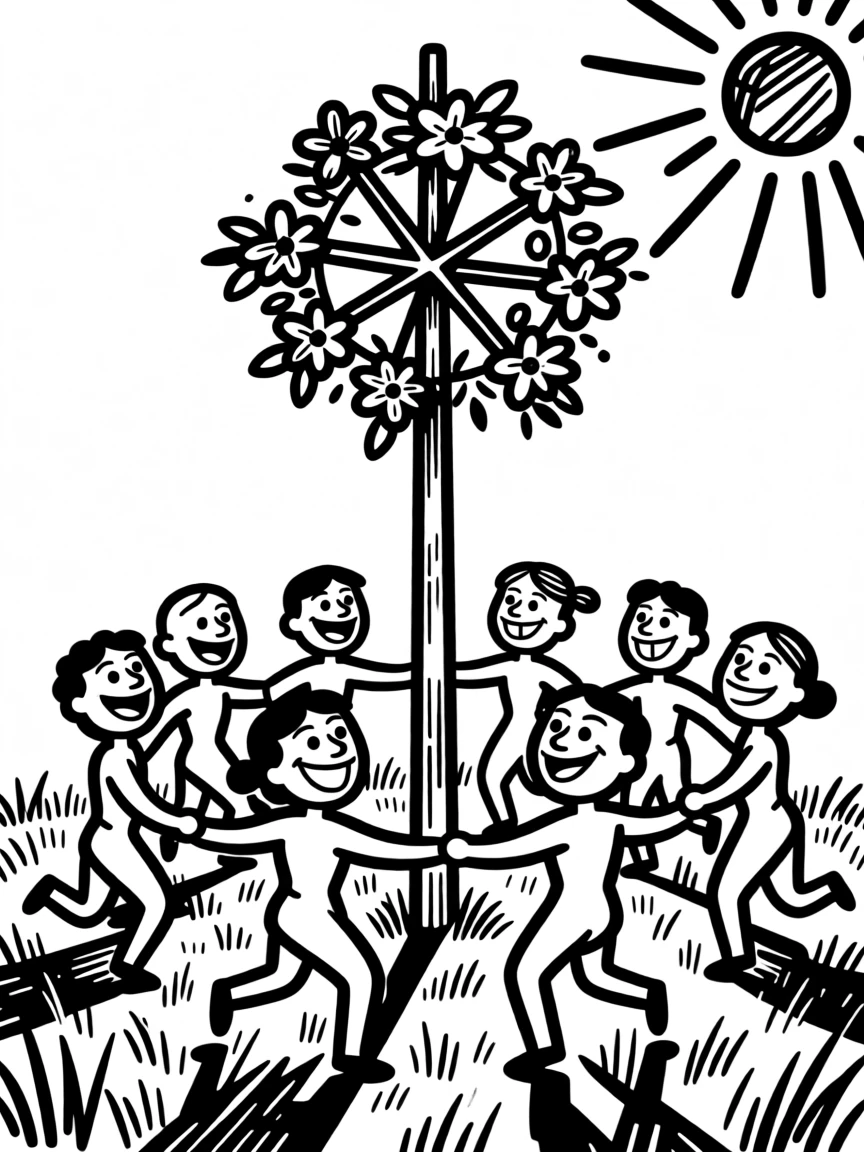 A Midsummer celebration with dancers circling a flower-covered maypole in a sunlit meadow.
