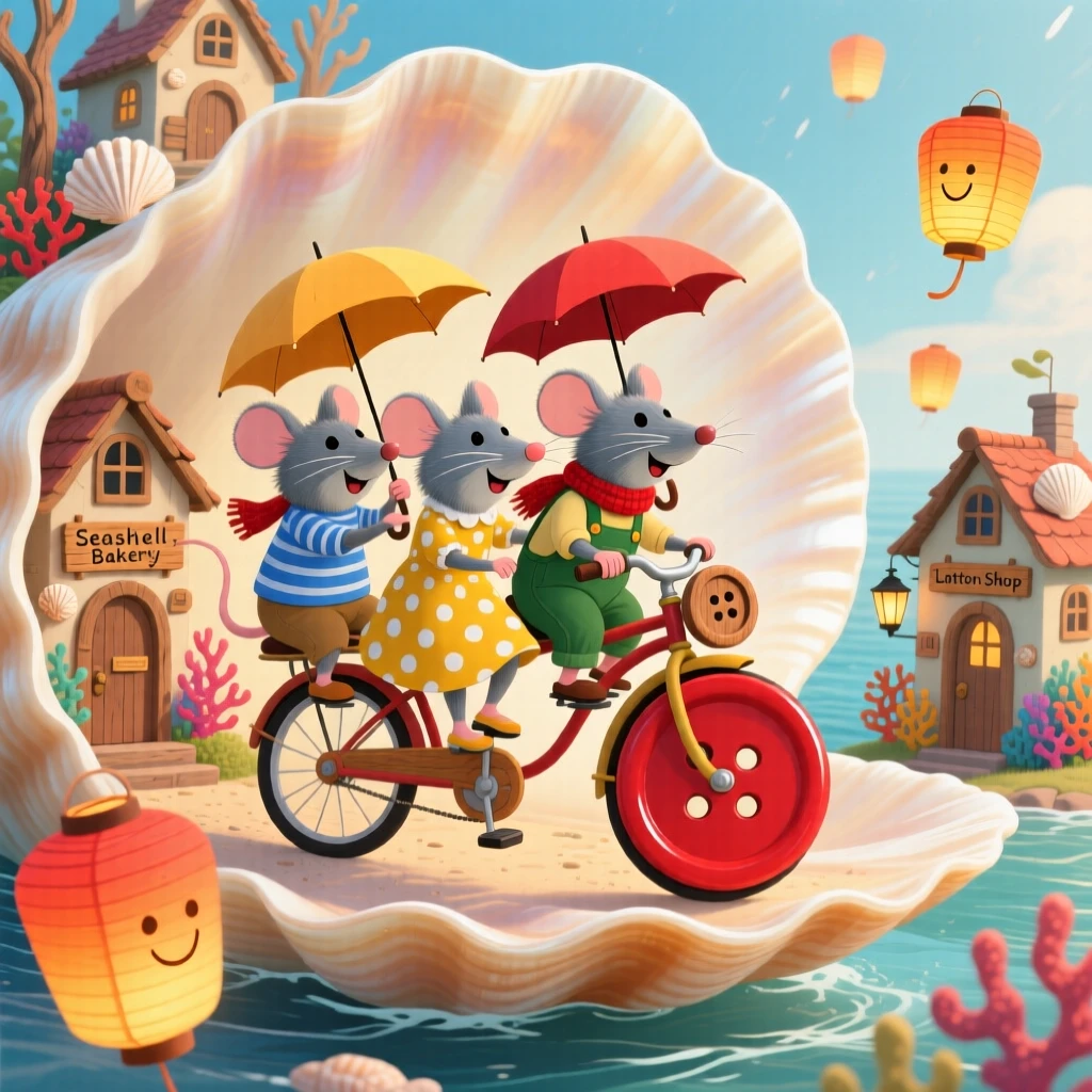 A group of umbrella-riding mice delights in riding a bicycle with mismatched wheels made of buttons, tucked within a city built inside a giant seashell, while little lanterns bob gently in the wind.