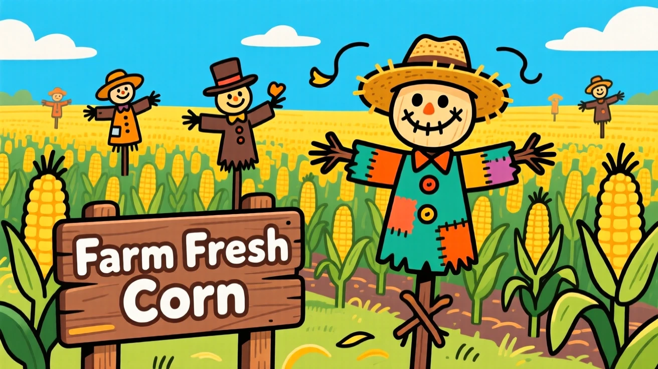 A field of scarecrows watching over rows of ripening corn.