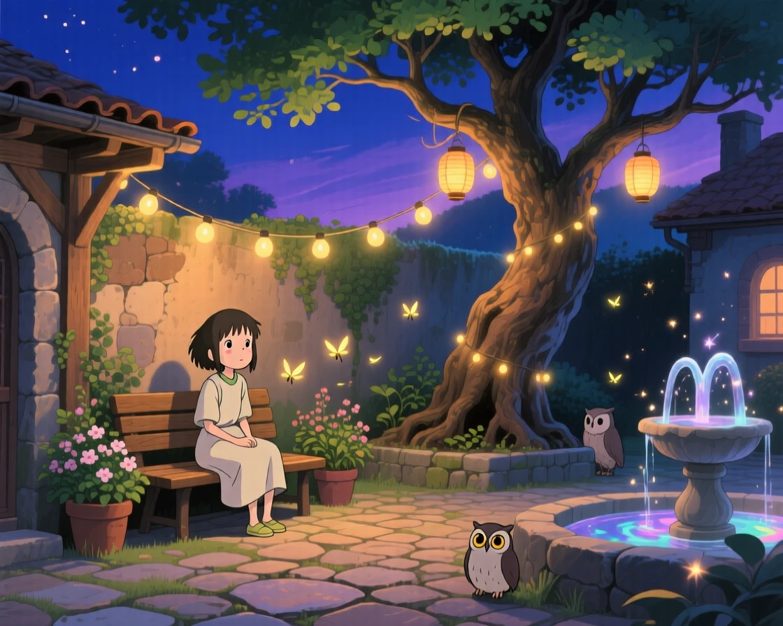 A nighttime scene of a quiet courtyard lit by strings of glowing lights, quietly enchanting.