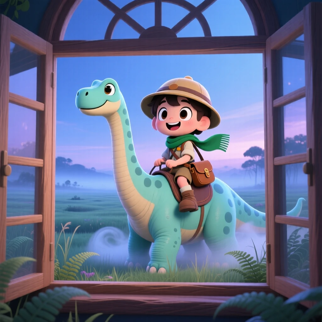 Framed through a window: a young explorer, riding on the back of a gentle brontosaurus, set against a sweeping prehistoric plain on a misty foggy morning, with cool blue twilight glow and a mood of triumphant pride.