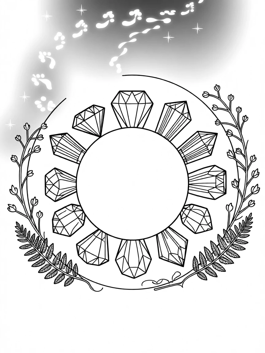 A collection of crystals and gemstones arranged in a circle, with a trail of glowing footprints leading into the dark.