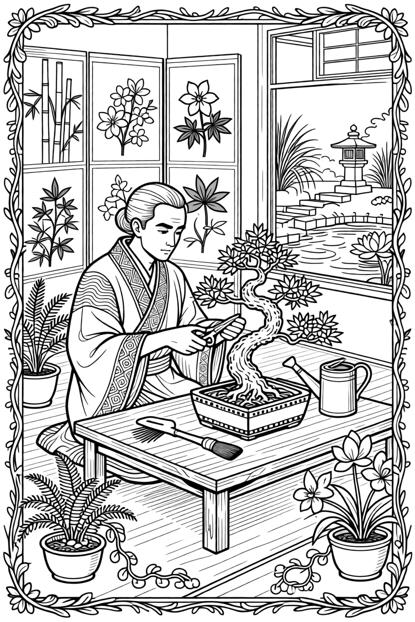A bonsai master trimming a miniature tree with care.