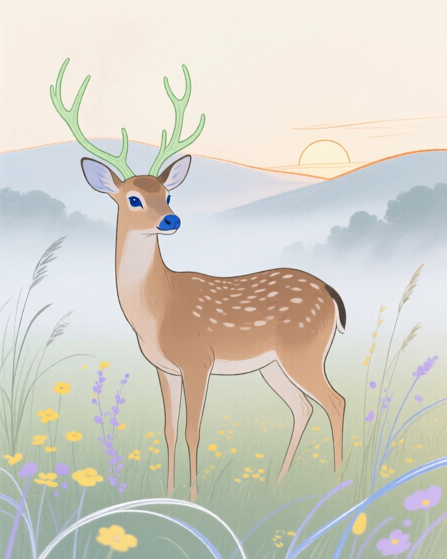 A gentle deer watching the horizon in a misty morning field on a quiet summer afternoon.