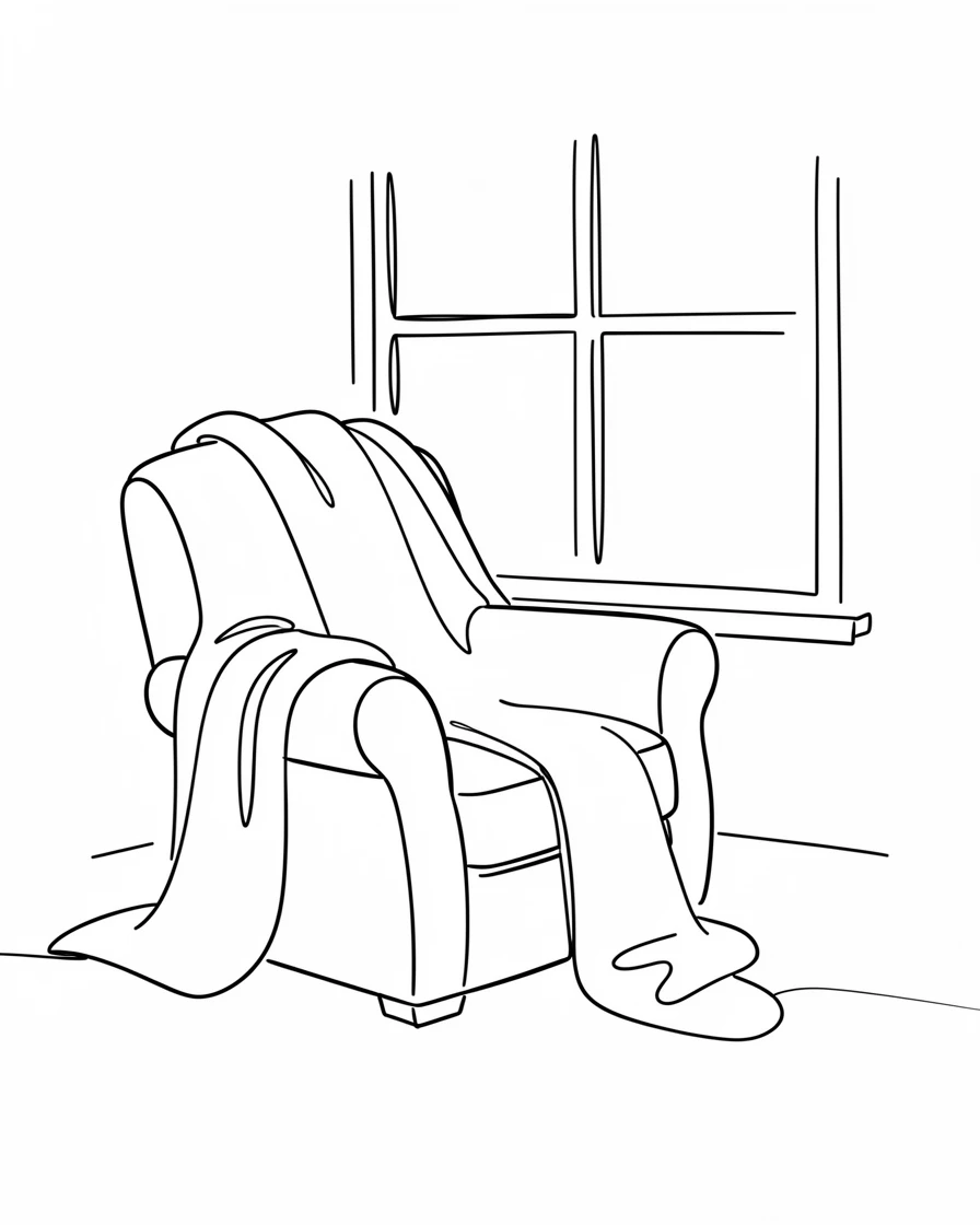 A cozy reading nook with a blanket draped over an armchair by a window