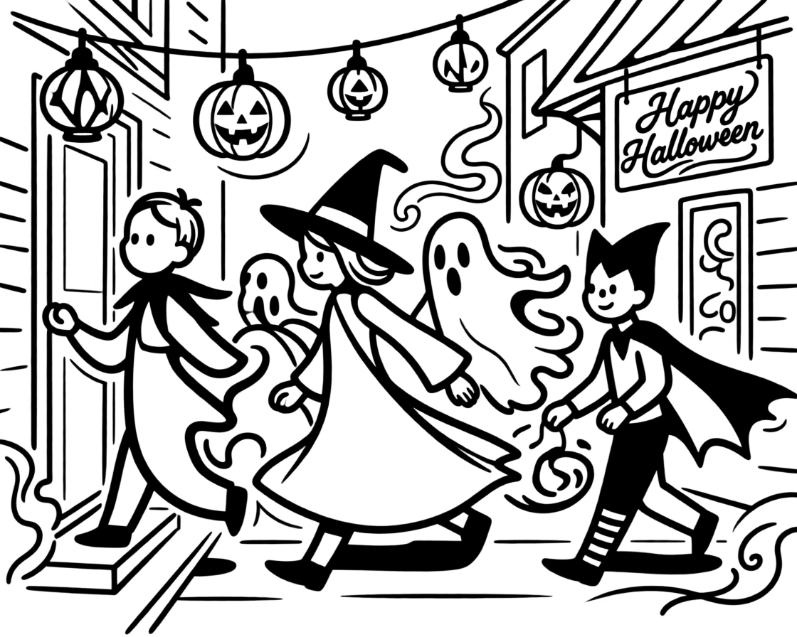 A trick-or-treating scene with costumed children on a lantern-lit street.