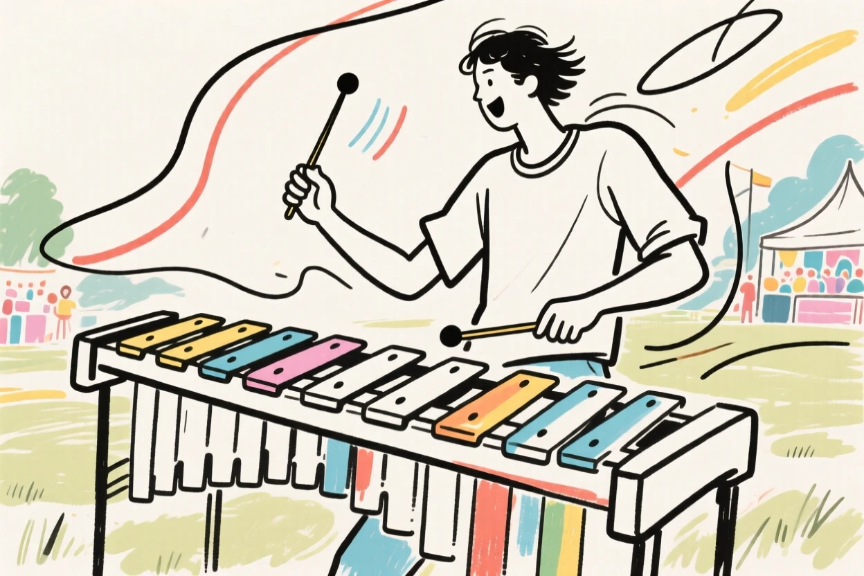 A xylophone player performing energetically at an outdoor festival.
