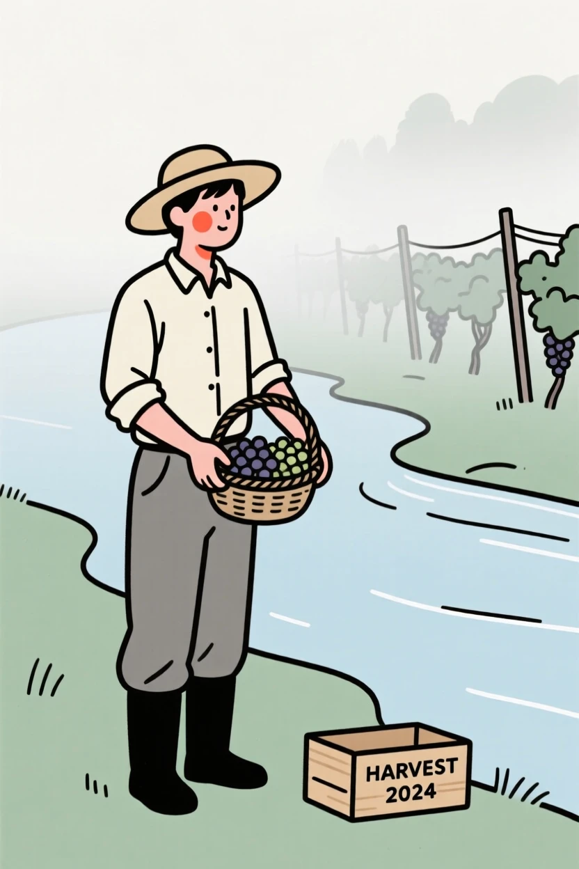 A vineyard worker at harvest on a misty riverbank.