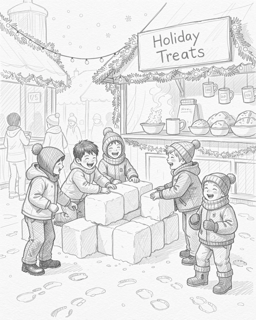 A festive scene of children building a snow fort in fresh powder in a bustling holiday market, with laughter and joy filling the scene.
