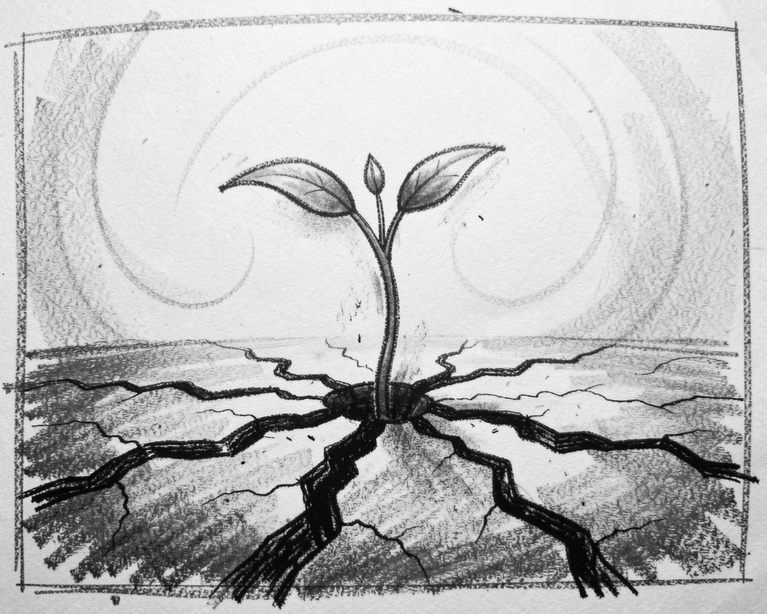 A tiny seedling breaking through cracked earth toward the light, as laughter fills the air around them.