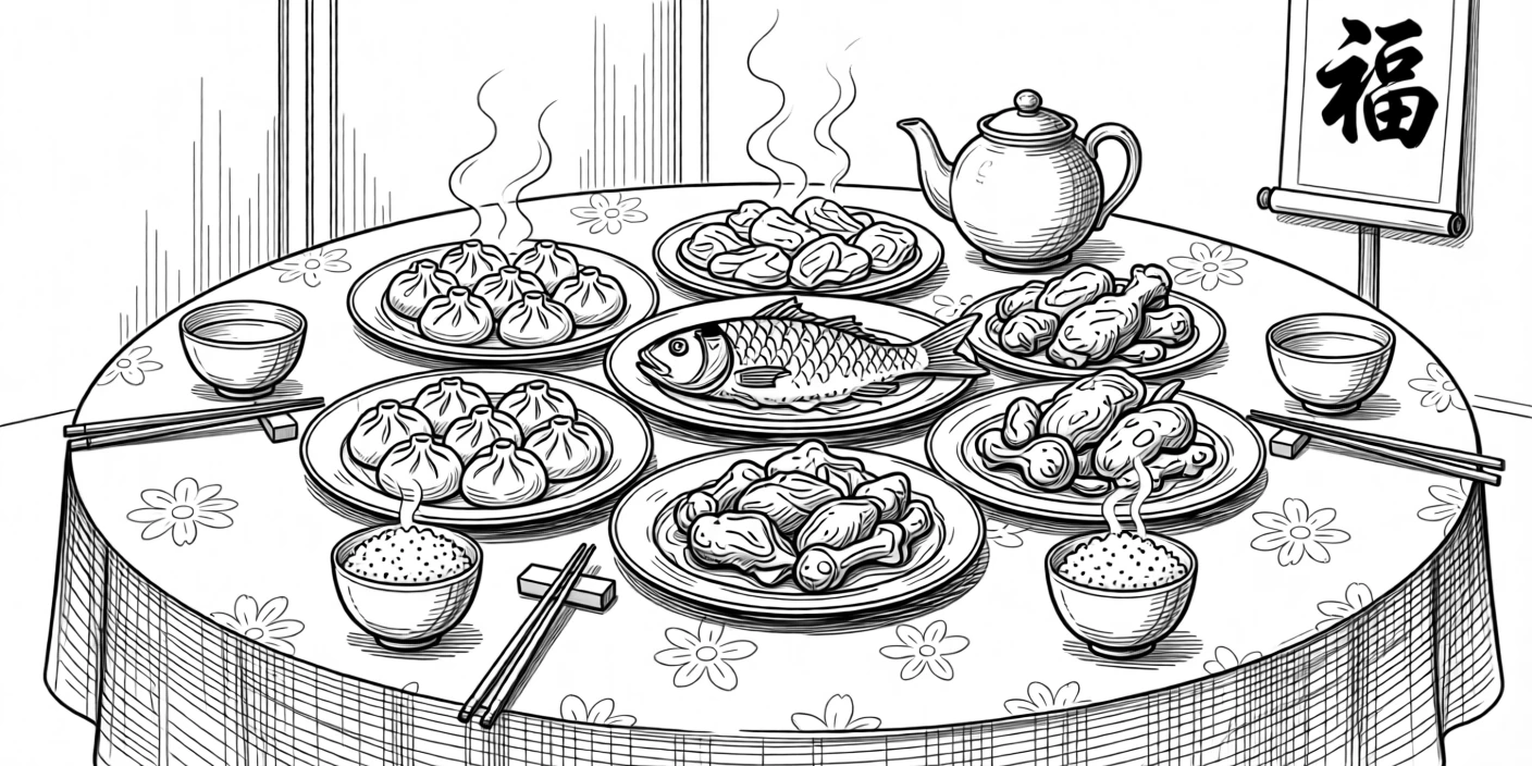 A festive Lunar New Year dinner table filled with traditional dishes.