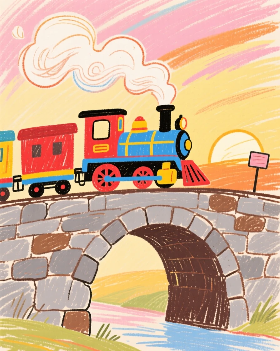 A steam train crossing an old stone bridge at sunrise.