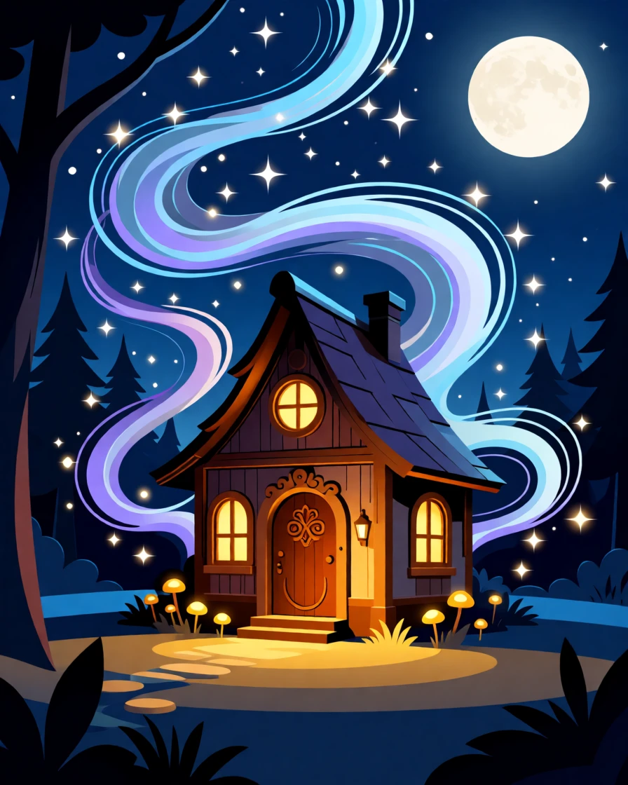 A fairy godmother's cottage glowing warmly in a moonlit clearing, surrounded by swirling magical energy and sparkling light, arranged with dramatic lighting emphasizing the magical elements, with subtle magical particles drifting through the air.