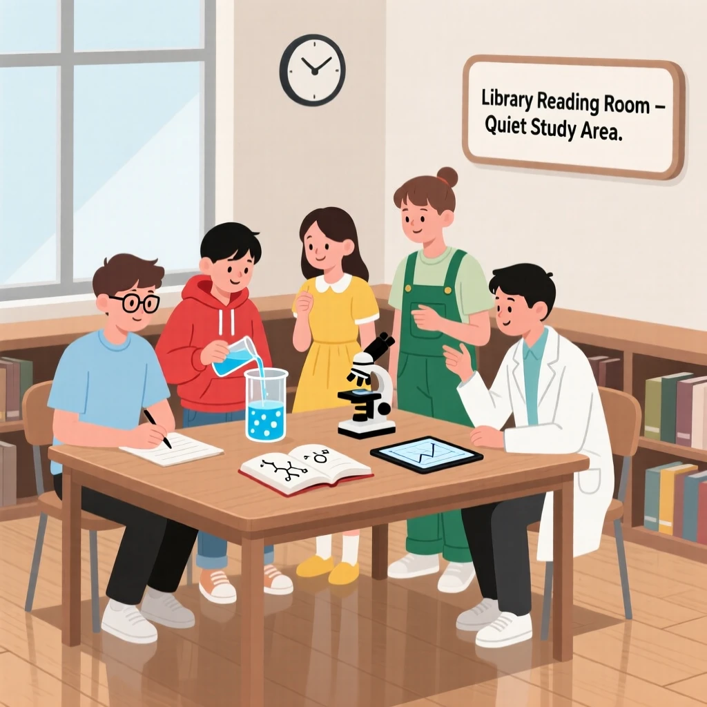 A group of students conducting an experiment in a library reading room.