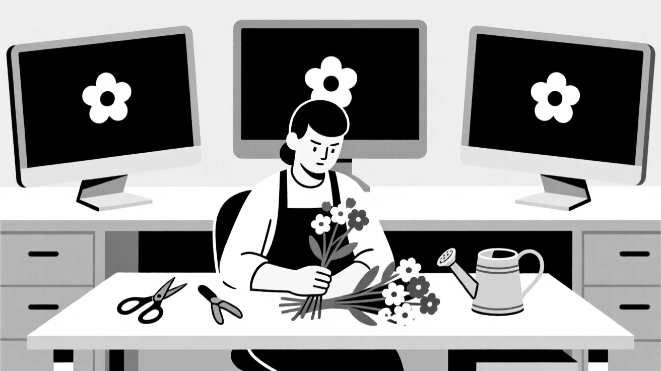 A focused florist working at a well-equipped workshop, surrounded by rows of computer monitors, expressing focused determination.