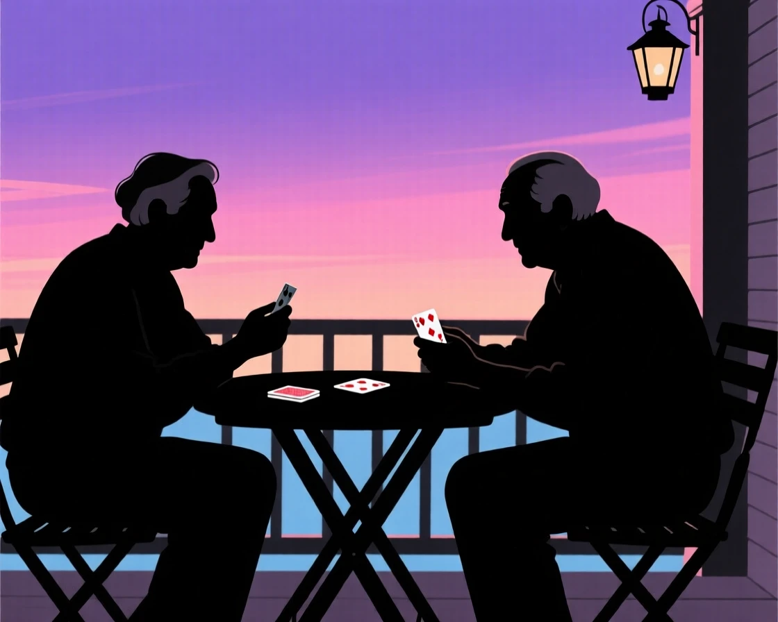 Two elderly friends playing a quiet game of cards on a porch table.