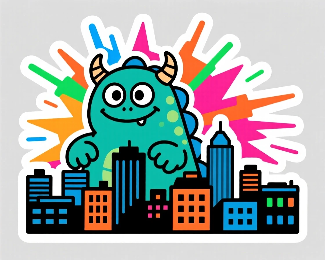 A wildly imaginative friendly kaiju-style monster peeking over a city skyline, framed by a burst of colorful energy, during a thrilling made-up quest.