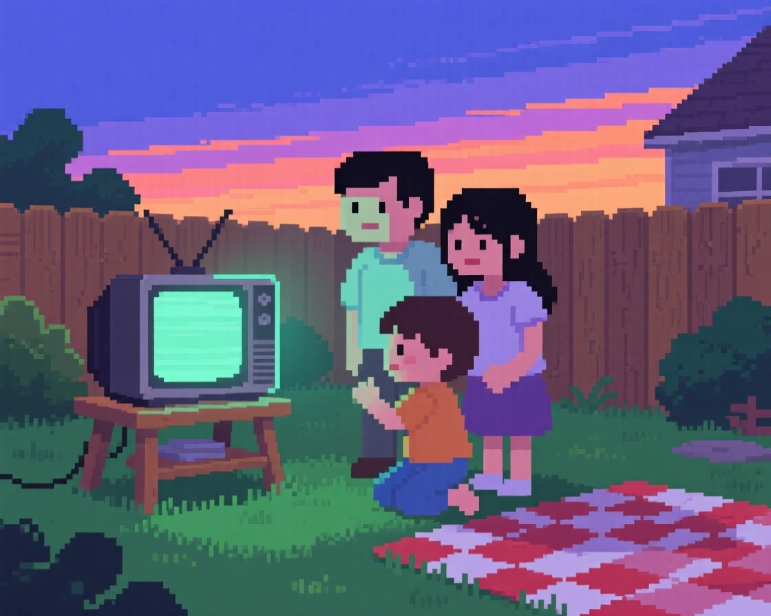 A family gathered around an old television under a sky streaked with the colors of dusk, in a backyard set up for a summer evening.