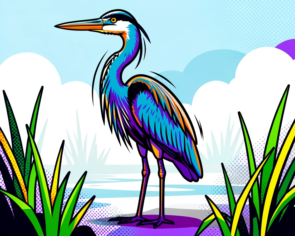 A great blue heron standing still in a misty marsh