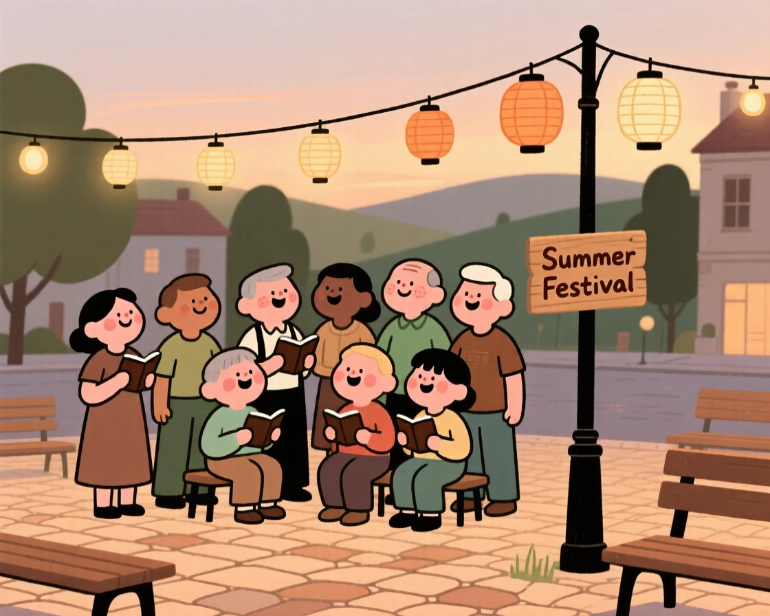 A community gathers in the town square for a summer festival, singing old songs beneath strings of glowing lanterns as evening falls.