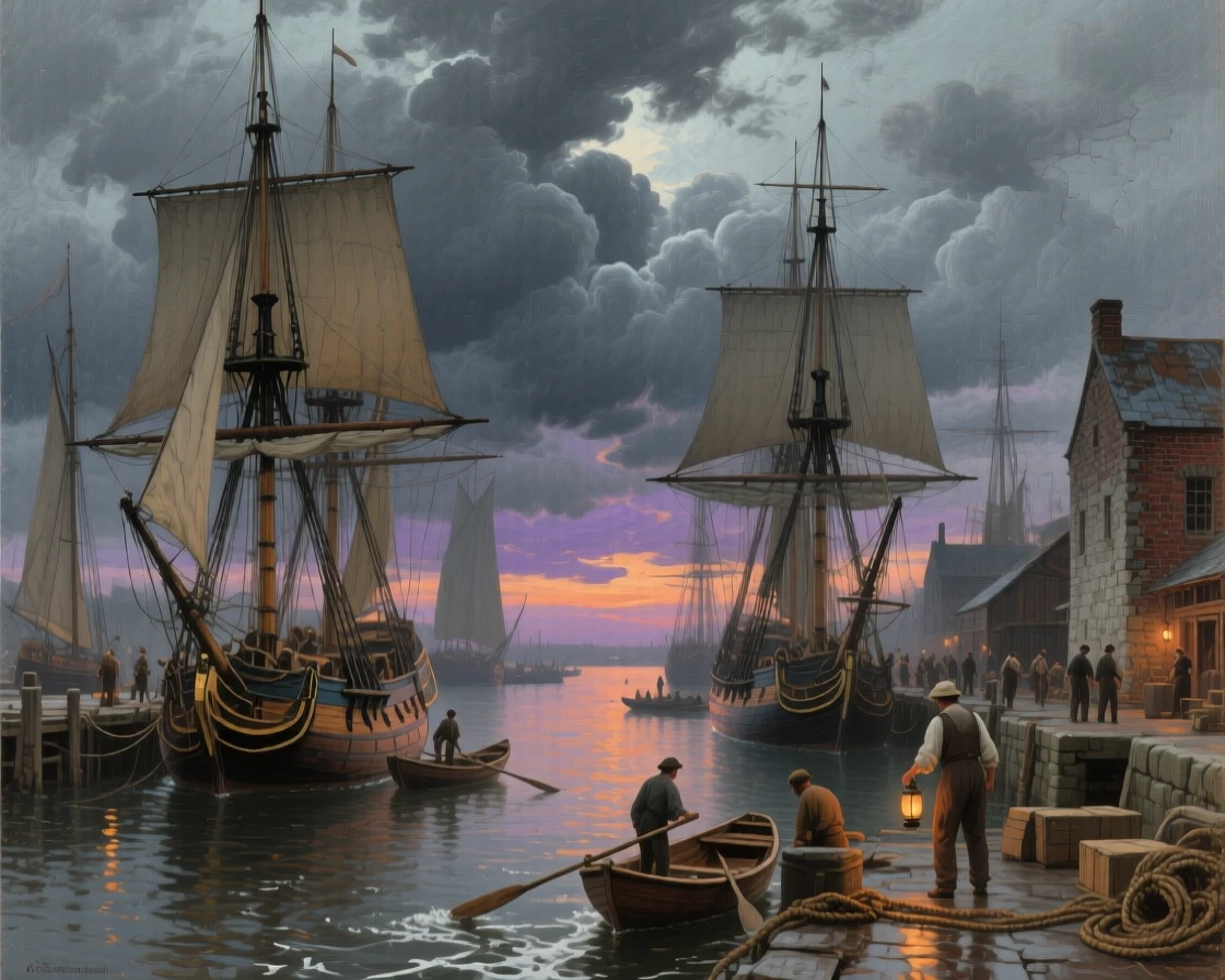 A grand panoramic scene of a bustling harbor filled with tall-masted sailing ships, at dusk, beneath heavy grey storm clouds.