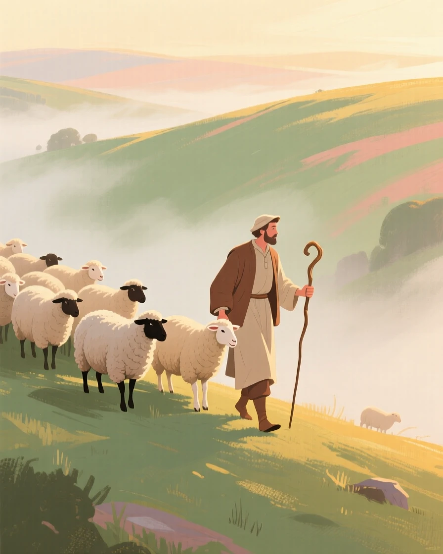 A shepherd guiding a flock of sheep across a misty hillside