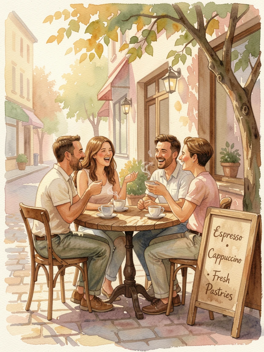 Friends laughing together over coffee at a sidewalk cafe as golden light bathes the scene.