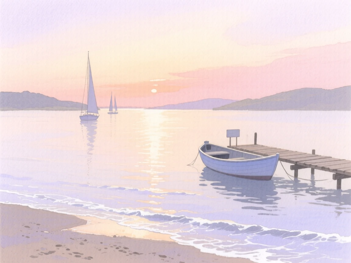 A serene view of a calm harbor at dawn, with gentle waves lapping at the shore, evoking calm and quiet reflection