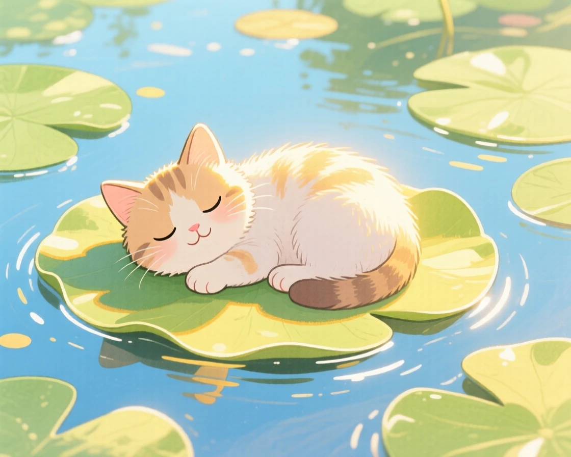 A close-up portrait of a kitten napping in a sunbeam in a lily-pad covered pond.