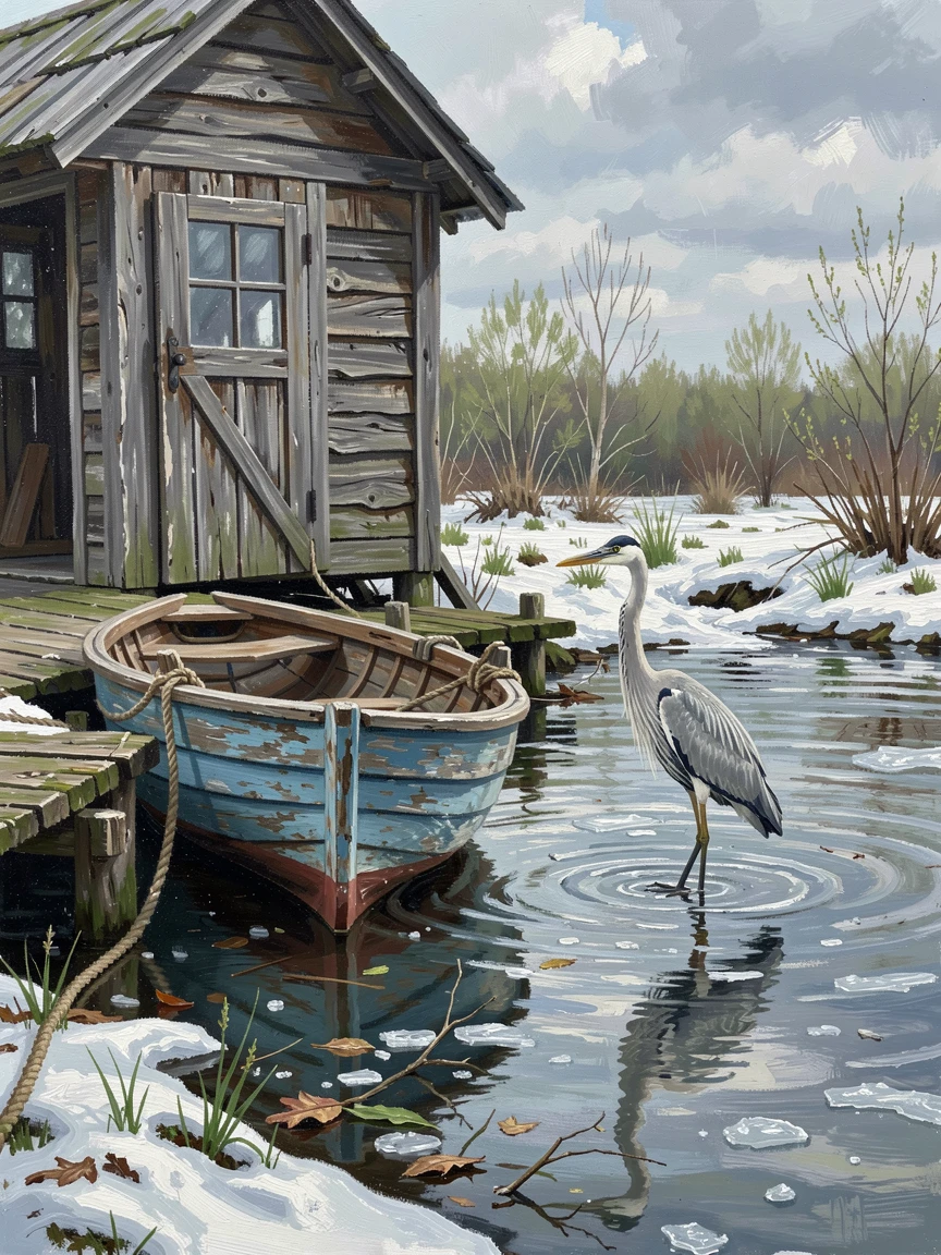 A small wooden rowboat tied to a dock, a heron wading silently through the shallows, beside an old wooden boathouse, in early spring, snowmelt swelling the current.
