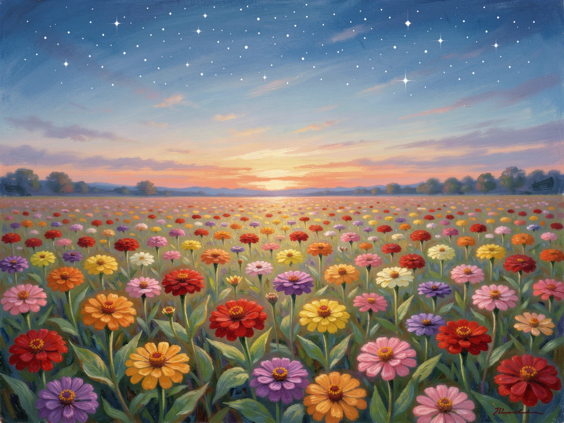 A field of blooming zinnias in a rainbow of colors beneath a wide summer sky, under a canopy of stars, radiating joy and gentle celebration.