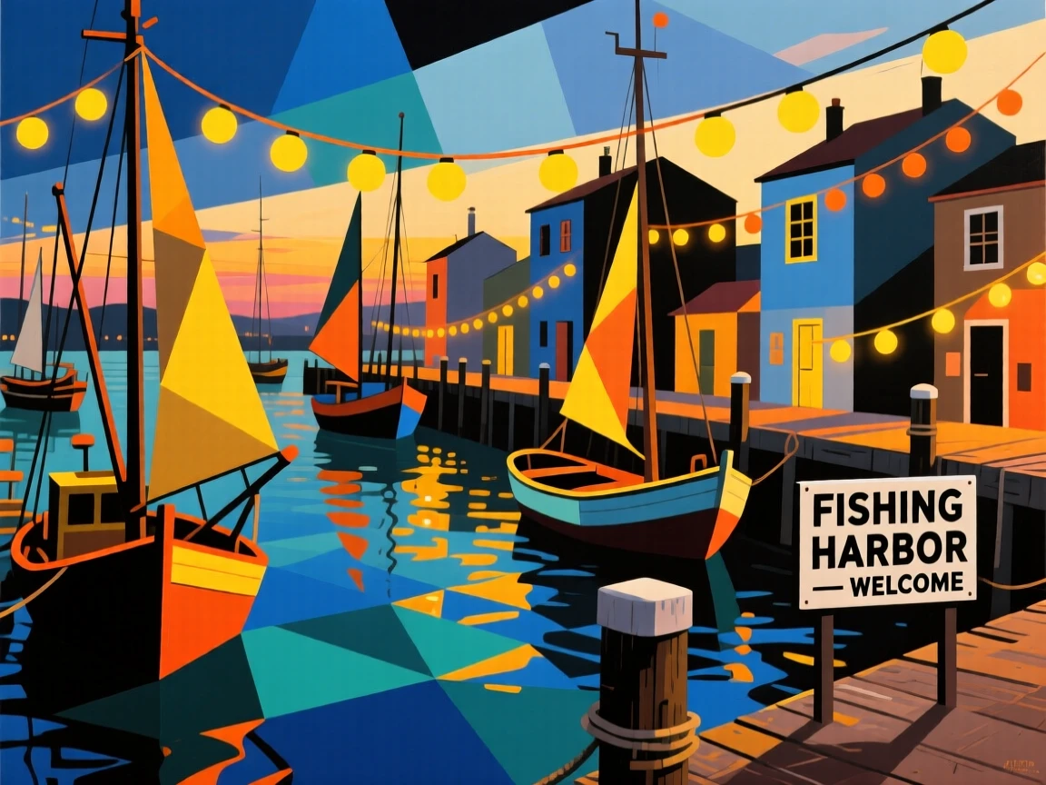 A vibrant scene of a colorful fishing harbor glowing with strings of warm lights.