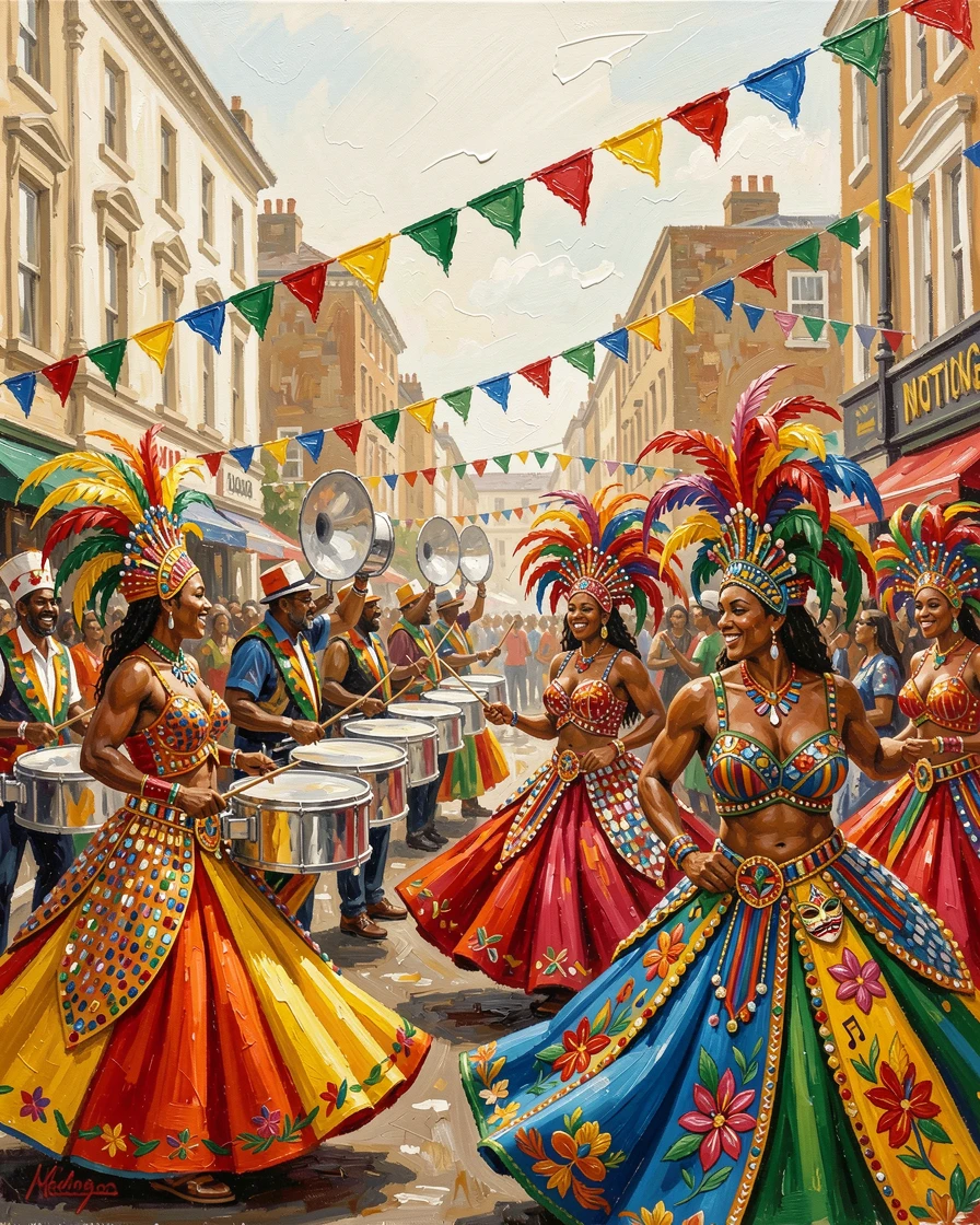 A vibrant Notting Hill Carnival fills London streets with steel drum bands and elaborately costumed dancers beneath colorful bunting, small traditional details in costume and decoration rewarding a closer look.