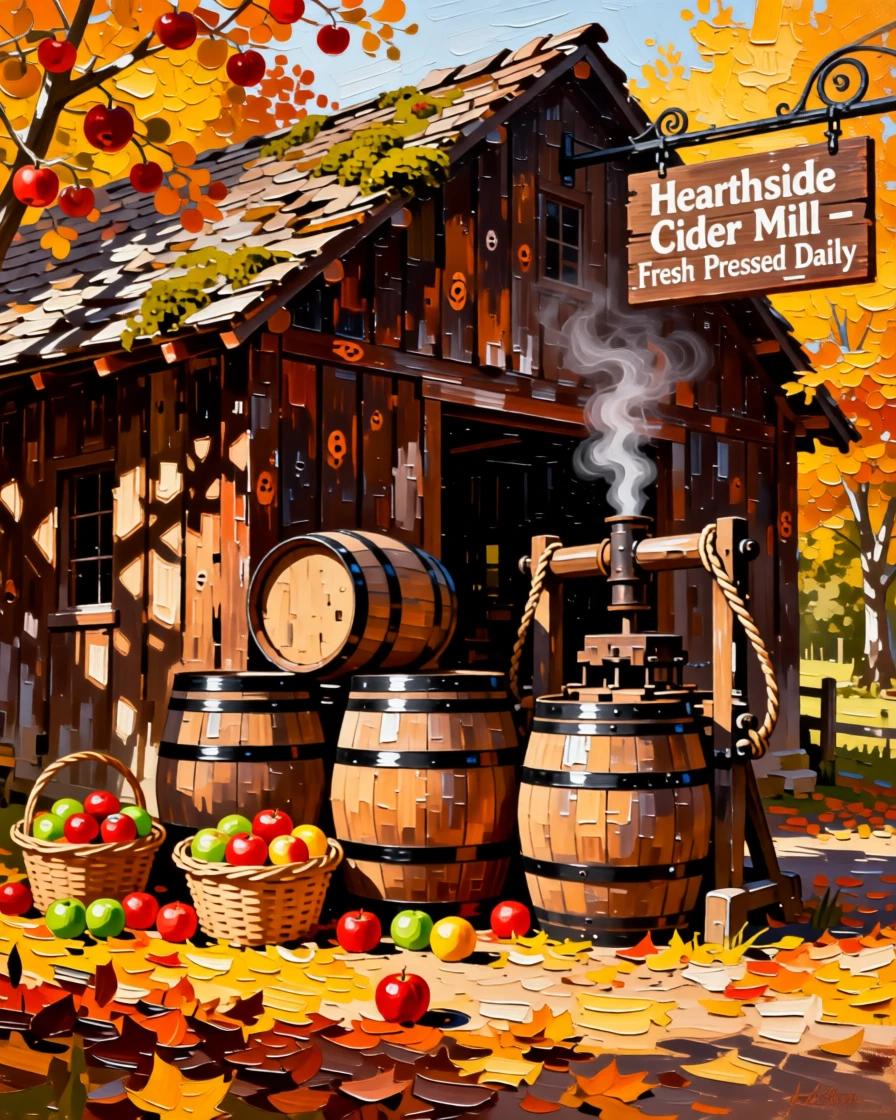 A cider mill with wooden barrels and the scent of fresh pressed apples in the air