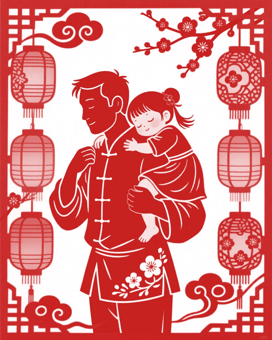 A father carrying his sleeping daughter on his shoulders after a long day at the fair, lanterns glowing behind them