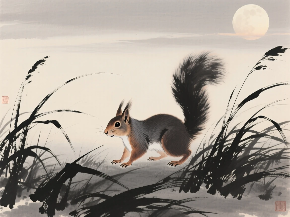 A squirrel walking through tall grass at dusk in a moonlit clearing, captured in profile against a soft, empty background, suggesting calm alertness within a peaceful world.