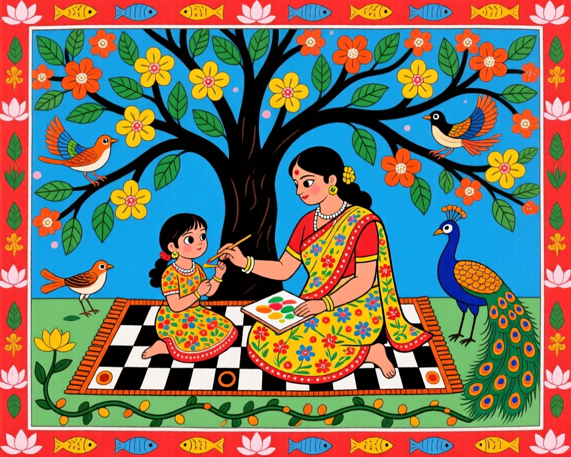 A mother teaching her daughter to paint beneath a blossoming tree.