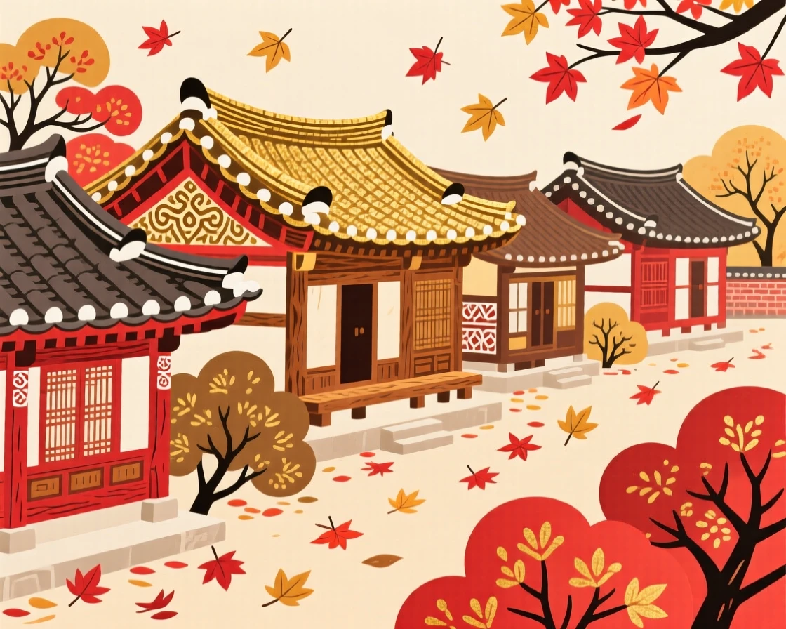 A view of a row of traditional houses as red and gold leaves fall gently to the ground.